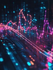 Poster - Digital financial chart with glowing lines and data visualization on a dark background.