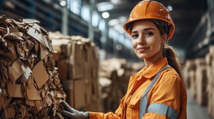 Fototapete - A warehouse worker in an orange safety uniform inspects and organizes cardboard materials, emphasizing recycling and sustainable practices in a busy logistics setting.