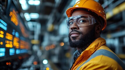 Poster - A worker in a bright safety helmet and goggles monitors the logistics processes within a cutting edge warehouse, emphasizing inventory management and recycling efforts.