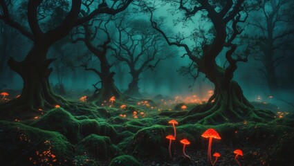 Wall Mural - realistic haunted woodland scene at night, featuring surreal, spooky, atmospheric forests in the bac