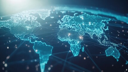 Poster - Digital representation of a global network showcasing interconnected continents and cities with glowing lines