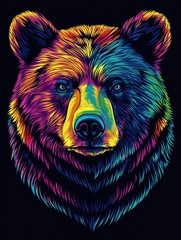 Poster - colorful bear head vector graphic on a black background, with colorful rainbow gradients