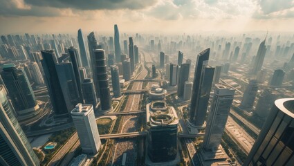 Poster - Aerial view from a drone capturing a city with development buildings, transportation, and energy power infrastructure. Financial and business centers in an advanced region.