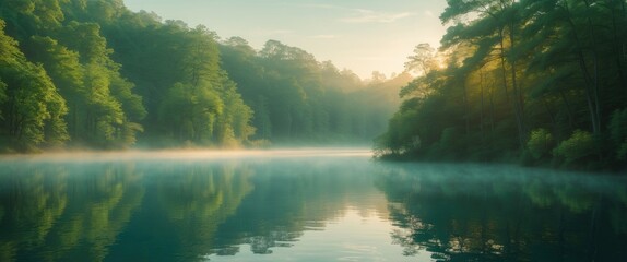 Poster - A tranquil and quiet morning at a small lake, forest reflection on the water's surface. Ecology of nature. Uncover the beauty of Earth.
