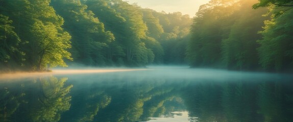 Poster - A tranquil and serene morning at a small lake, with forest reflections on the water surface. Ecology of nature. Explore the beauty of Earth.
