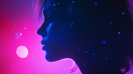 Poster - Silhouette of a person with pink and blue lighting and glowing particles around the face profile view