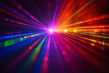 Poster - A bright display of colorful laser lights radiating outwards in a dark room with a central light source