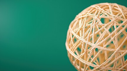 Poster - A textured, woven sphere made of natural fibers, set against a solid green background, creating a minimalist and artistic look, Sustainable Living.