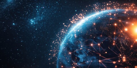 Poster - Visual representation of connected global network highlighting Earth and its illuminated cities at night