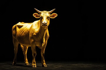 Leinwandbilder - Luxurious golden cow standing elegantly against a deep black background creating a premium and high-contrast visual experience Generative AI
