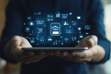 Poster - Person holding tablet displaying digital icons connected by lines in a dark blue background