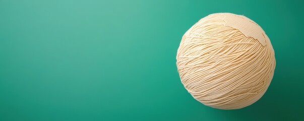 Poster - A textured ball of cream-colored yarn sits against a vibrant green background, creating a modern and minimalist aesthetic, Sustainable Living.
