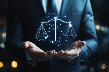 Poster - Man in suit holding digital scales of justice with glowing network connections in his hands