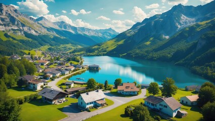 Wall Mural - Aerial perspective of the mountains during summer. The lake is situated in a small village. Mountain landscape at midday.