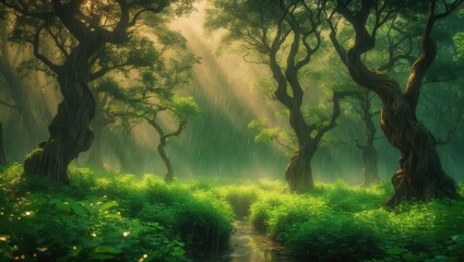 Wall Mural - background of intense rainfall in a lovely, lush woodland during summer. rain in the forest with war