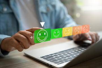Wall Mural - digital satisfaction survey, smiley face, customers rate services with 5-star smiley ratings via lap