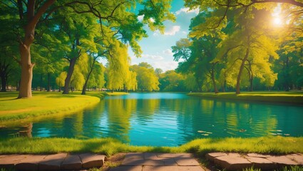 Poster - A lake in a park is encircled by lush green trees in the sunlight, with a stone pathway in the foreground. This image is delightful.