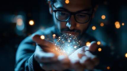 Poster - Man with glasses holding a glowing sphere in his hands surrounded by bokeh lights in a dark setting