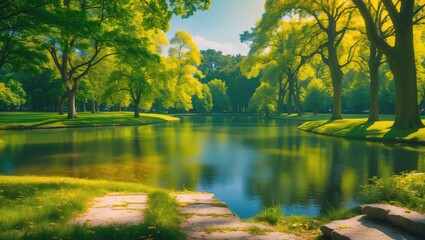 Poster - A lake in a park is encircled by lush green trees under sunlight, with a stone pathway in the foreground. This image is beautiful.