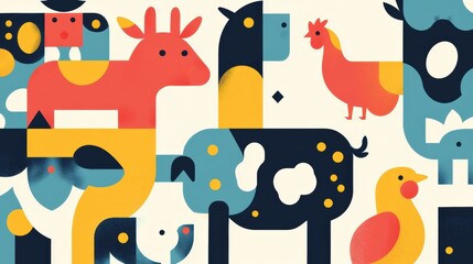 Aufkleber - Minimalist geometric illustration showcasing colorful cows, pigs, and chickens in a modern artistic design style Generative AI