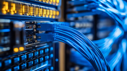 Poster - Close up view of blue ethernet cables connected to a server rack in a data center environment