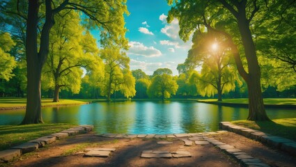 Poster - A park lake is bordered by lush green trees under sunlight, with a stone path in the foreground. This is a beautiful image.