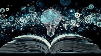 Poster - Open book with glowing light bulb and swirling gears, symbolizing creativity and innovation in knowledge