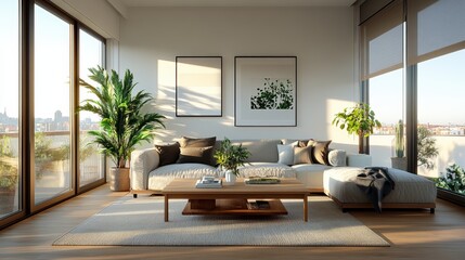 Poster - Bright sunlit modern living room with large glass featu a cozy light beige sectional sofa and stylish coffee table alongside potted plants