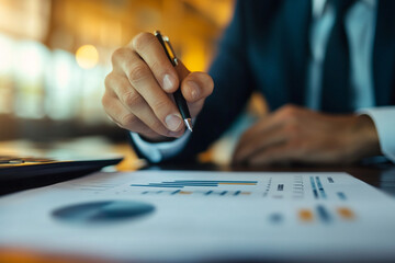 Poster - A man in a suit analyzing charts and graphs with a pen in hand for business and finance purposes