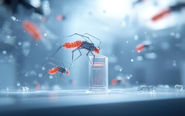 Poster - Digital illustration of red and gray insects jumping towards a small glass container on a white surface, with a blurred blue and white background.  The style is reminiscent of pixel art