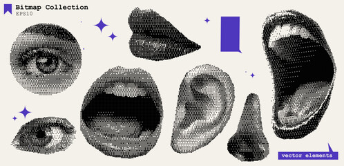 Poster - Collage Bitmap Set Mouth Scream Ear Lips Eye Texture Pattern Art Halftone Retro Grunge Pop Graphic Design