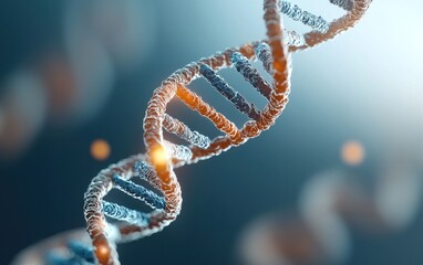 Fototapete - detailed 3d rendering of a dna double helix, rendered with a particulate effect, glowing orange and 