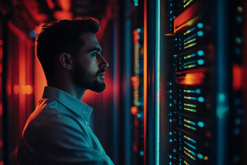 Poster - Man in server room looking at data servers illuminated with red and blue lights in a dark environment