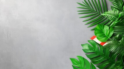 Poster - A vibrant arrangement of tropical green leaves against a textured gray background, featuring a hint of a red and white element, Sustainable Living.