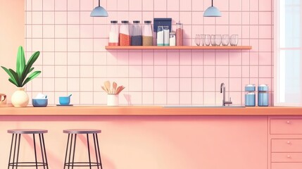 Poster - Modern kitchen interior with pink walls, stylish decor, and organized shelves showcasing cooking essentials