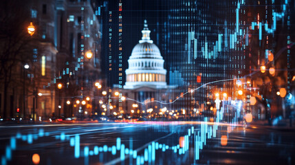 Poster - Capital building with financial data overlay at night in a city street with street lights