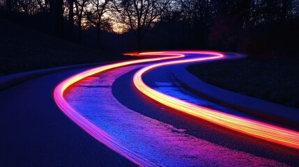 Poster - Vibrant light trails weaving through a serene park road at dusk, surrounded by silhouetted trees and twilight sky