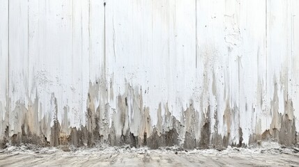 Poster - Weathered white wall with peeling paint and wooden floor, creating a rustic backdrop for photography