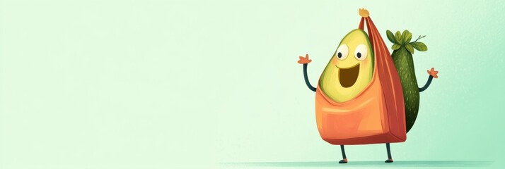 Poster - Humorous cartoon avocado joyfully carrying a large grocery bag in a playful pastel background depicting a lighthearted shopping adventure Generative AI