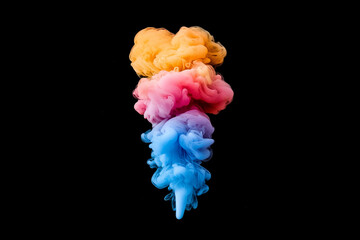 Poster - Colorful smoke plumes ascending on a black background in a vertical composition of orange pink and blue