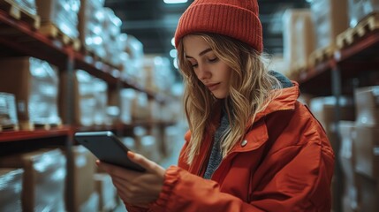Poster - A worker in a red jacket and hat uses a smartphone to check inventory while surrounded by shelves stocked with various materials in a spacious warehouse.
