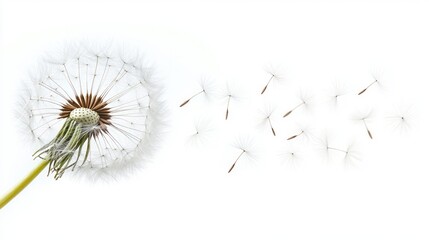 Aufkleber - A vibrant dandelion stands tall against a pale background, its seeds gently releasing into the breeze, soaring into the air, creating a magical, fleeting moment of nature's wonder