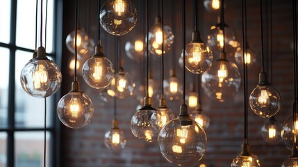 Poster - A stunning display of hanging glass light bulbs illuminating a rustic brick interior, creating a warm ambiance