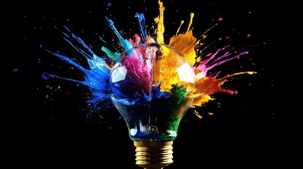 Aufkleber - An exploded lightbulb radiating vibrant splashes of blue, green, yellow, pink, and magenta paint creating a dynamic visual against a black background