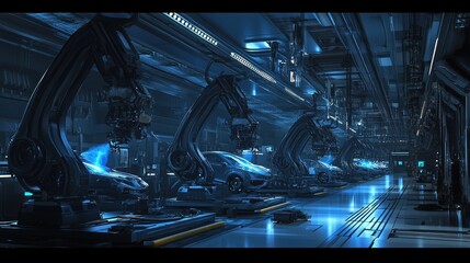 Poster - A futuristic car manufacturing plant with synchronized robotic arms welding and assembling vehicles.