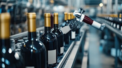 Poster - A modern wine factory with a robotic bottling line, ensuring quality control and cleanliness.