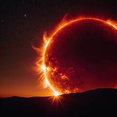Poster - A breathtaking cosmic display reveals the sun dipping below distant hills, enveloped in a fiery glow that ignites the night sky with vibrant colors, stars twinkling in harmony Generative AI