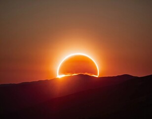 Poster - Golden rays illuminate the horizon as the sun begins to rise, casting a radiant glow across the mountain peaks. A tranquil cosmic spectacle unfolds in the morning sky Generative AI