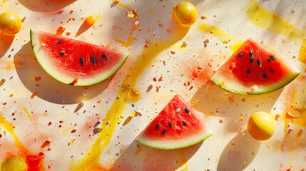 Poster - Juicy watermelon slices are arranged artistically with yellow fruits amid vibrant splashes of color, creating a lively summer atmosphere