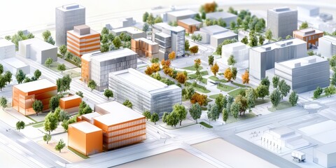 Poster - A vibrant urban model showcasing modern buildings, green spaces, and streets, representing a planned city layout, Sustainable Living.